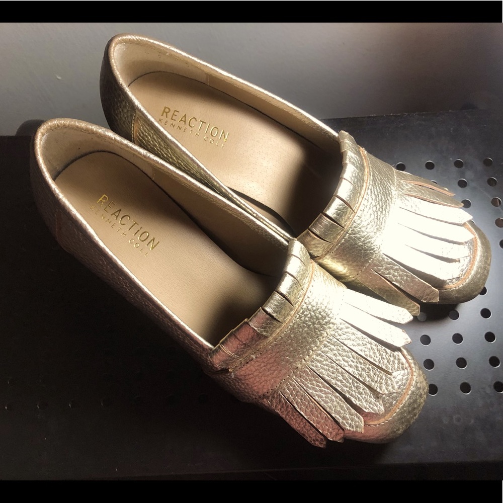 Kenneth Cole reaction gold block loafer heels